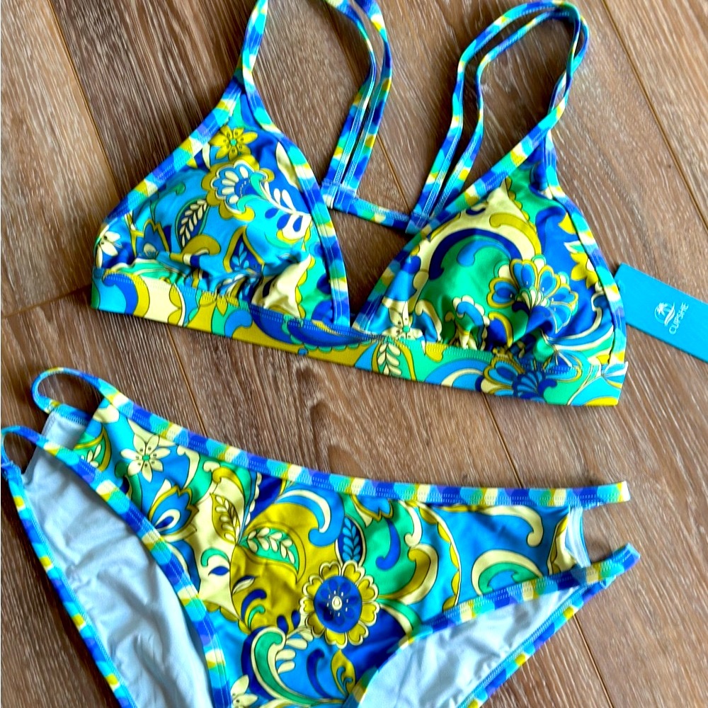 NWT Cupshe Blue Green Yellow Bikini with Tropical Print Size Large